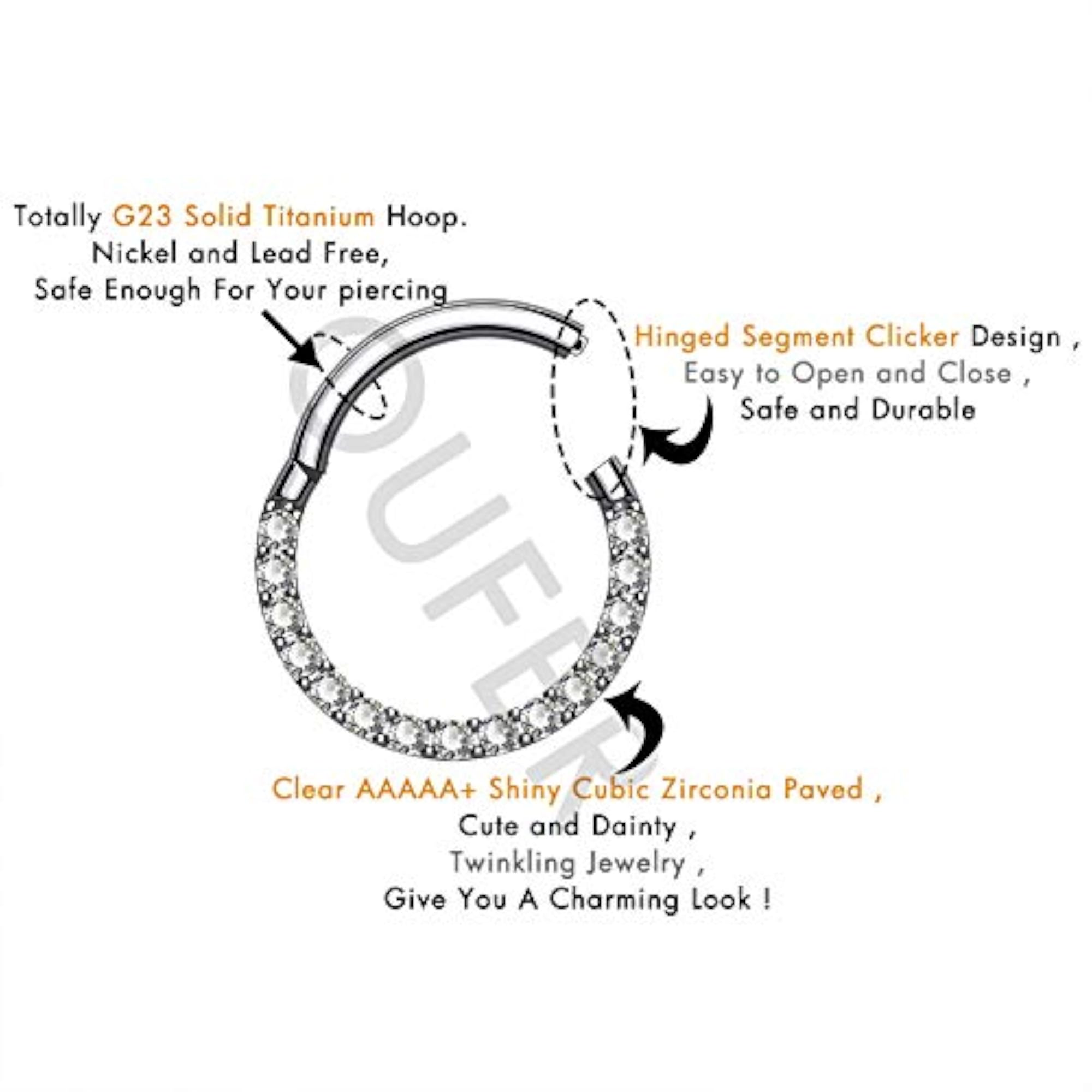 Titanium Daith Earring Hoop with Clear CZ, 16G