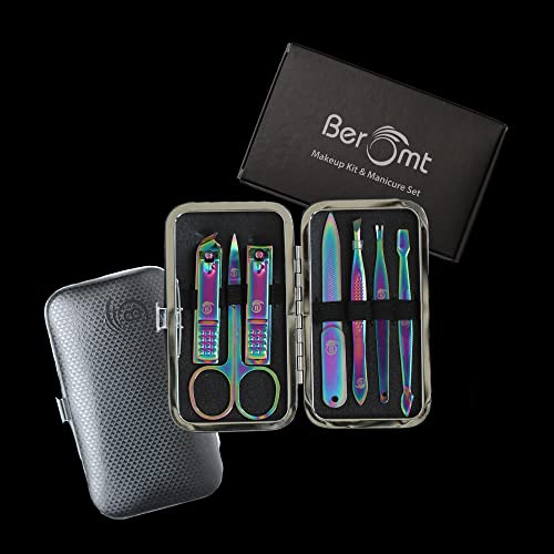 Image of Beromt 7 IN 1 Manicure Set Pedicure Stainless Steel Proffesional Nail Cutter Nail Scissors Grooming Kit with Nail Cleaning Knife, Plucker, Scissor and Nail Tools With Leather Travel Case- 03 Rainbow