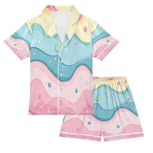 ALAZA Cute Ice Cream Satin Pajamas Set Short Sleeve Button Down Sleepwear Summer Pjs 2 Piece