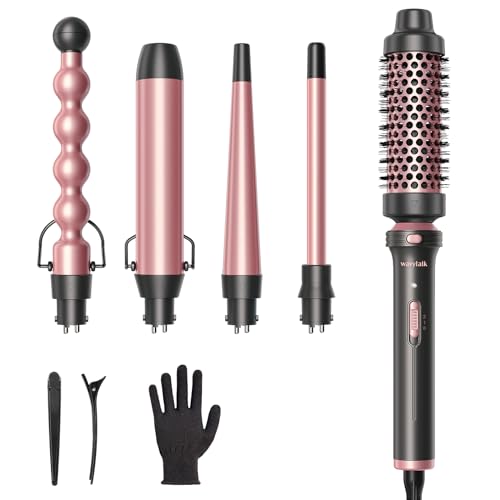 Wavytalk 5 in 1 Curling Wand Set, Curling Iron Set with Thermal Brush and 4 Interchangeable Ceramic Curling Wand(0.5”-1.25”),Instant Heat Up,Rose Gold