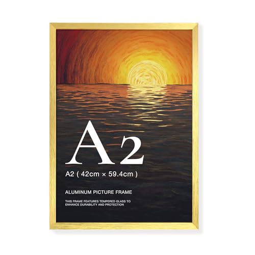 LIVINGTASTE Bilderrahmen A2 Aluminium Gold mit gehärtetem Glas, 1 Stück passt für 42x59,4 cm Poster, ideal für Wohnzimmer Wanddeko
