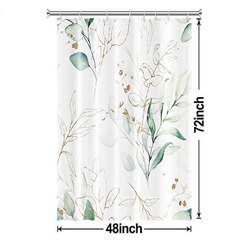 Ruelvth Eucalyptus Shower Curtain, Spring Sage Green And Gold Abstract Leaves Shower Curtain Set For Bathroom Waterproof Fabric Watercolor Botanical Bathroom Decor With Hooks, 48X72 Inch #TOP5