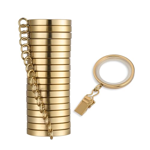 MODE Cambria Designer Series - Premium Easy Glide 18 Count Small Curtain Rings - Metal with Nylon Inserts and Clips - 1 inch Inner Diameter - use for rods 5/8 or Smaller - Brushed Gold
