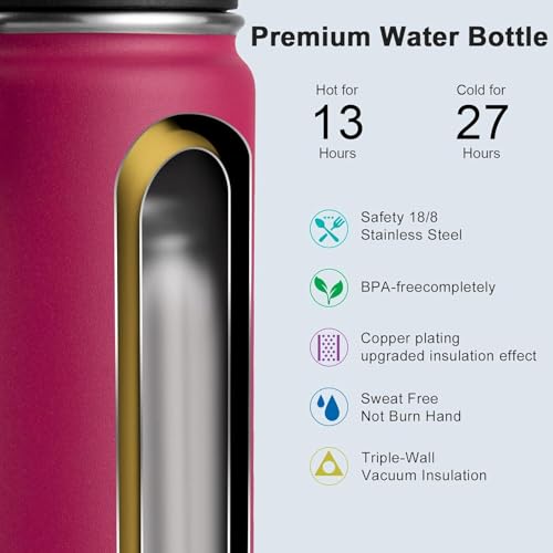 Image of koodee Insulated Water Bottle, 18 oz Stainless Steel Double Wall Vacuum Wide Mouth Sport Bottle with Leakproof Spout Lid (Fuchsia Red)