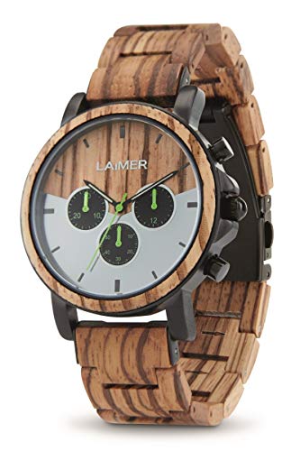 Preisvergleich Produktbild LAiMER Holzuhr - Herren Chronograph Armbanduhr INGO aus Zebranoholz - Analog, Stoppfunktion, 24H Anzeige, Leuchtzeiger, Ø 43mm - Zero Waste Verpackung aus Naturholz