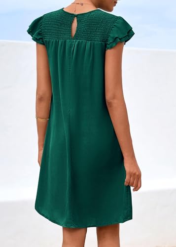 Image of KIRUNDO Wedding Guest Shift Dresses for Women Short Spring Summer Ruffle Cap Sleeve Chiffon Babydoll Flowy Mini Sundress(Dark Green, Small)