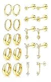 MILACOLATO 14K Gold Silver Earring Set for Women Hypoallergenic 316L Surgical Steel Stud Hoop Flat Back Cartilage Huggie Hoop Earrings for Multiple Piercings Tragus Helix Piercing Jewellery-G