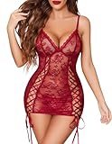 Avidlove Babydoll Lingerie for Women Floral Lace Sleepwear Dress Sleepwear Strap Chemise Nightgown Wine Red