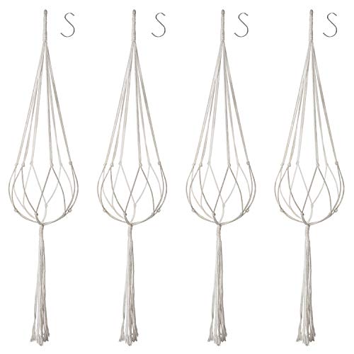 WD&CD 4 stuks macramé plantenhangers met 4 hangende haken, indoor outdoor plantenpot katoenen touwhanger handgemaakte hangende plantenmand katoenen touwhouder (40 inch beige) - Afbeelding 5