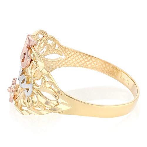 Ioka -14K Solid Tri Color Gold Sweet 15 Anos 15 Years Birthday Quinceanera Flower Ring3