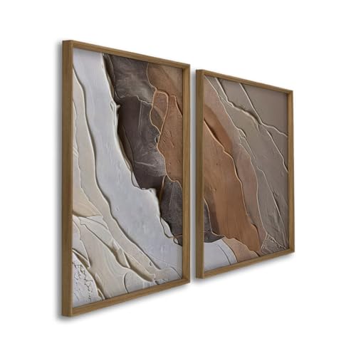 Kit 2 Quadros Decorativos Emoldurados com Motivos de Rochas e Rios Texturas Naturais (Madeira, 50x75