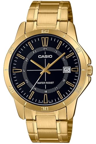 Casio Orologio Da Uomo Al Quarzo Nero Quadrante Oro Acciaio Inossidabile Mtp-V004G-1Cudf, Bracciale, Bracciale