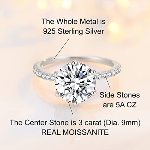 SecreTalk 3CT Moissanite Engagement Rings for Women - 6 Prong Moissanite Promise Ring 925 Sterling Silver D Color VVS with Certificate of Authenticity3