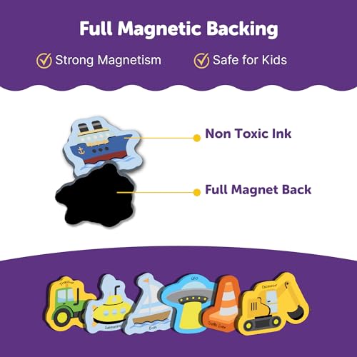 Image of Mini Leaves 26 Pieces Transport Full Magnetic Fridge Magnets for Kids- Car, Bus, Boat, UFO with Traffic Sign Board for whiteboard - Educational Toy for Kids
