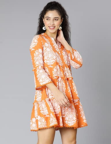 Image of oxolloxo Women Viscose Flared Regular Sleeves Floral Blue Casual Dress
