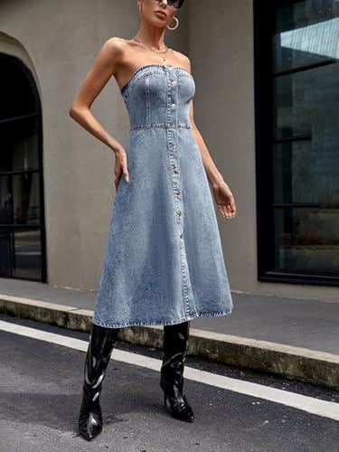 utcoco Women's Stretch Strapless Denim Tube Dress Button Down Sleeveless A Line Swing Jean Dress 20254