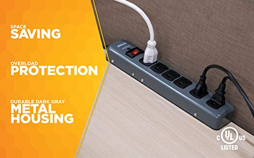 Woods 41546 Metal Surge Protector With 6 Outlets Lighted Circuit Breaker Switch, 900J Of Protection, 3 Foot Cord, Dark Gray #TOP2