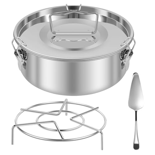 Flan Mold Set with Steamer Rack and Spatula 304 Stainless Steel Flan Pan Mold with Lid 1.5QT Round Cake Baking Maker Cheesecake Pans for Chocolate Cake (19cm Type2)