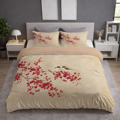 Funda Nordica Cama 180 - Juego de Funda Edredon 260 x 240 cm 3 Piezas + 2 Fundas de Almohada 50 x 75 cm, Ropa de Cama Microfibra Suave Transpirable, Beige, Acuarela Bayas Pájaros