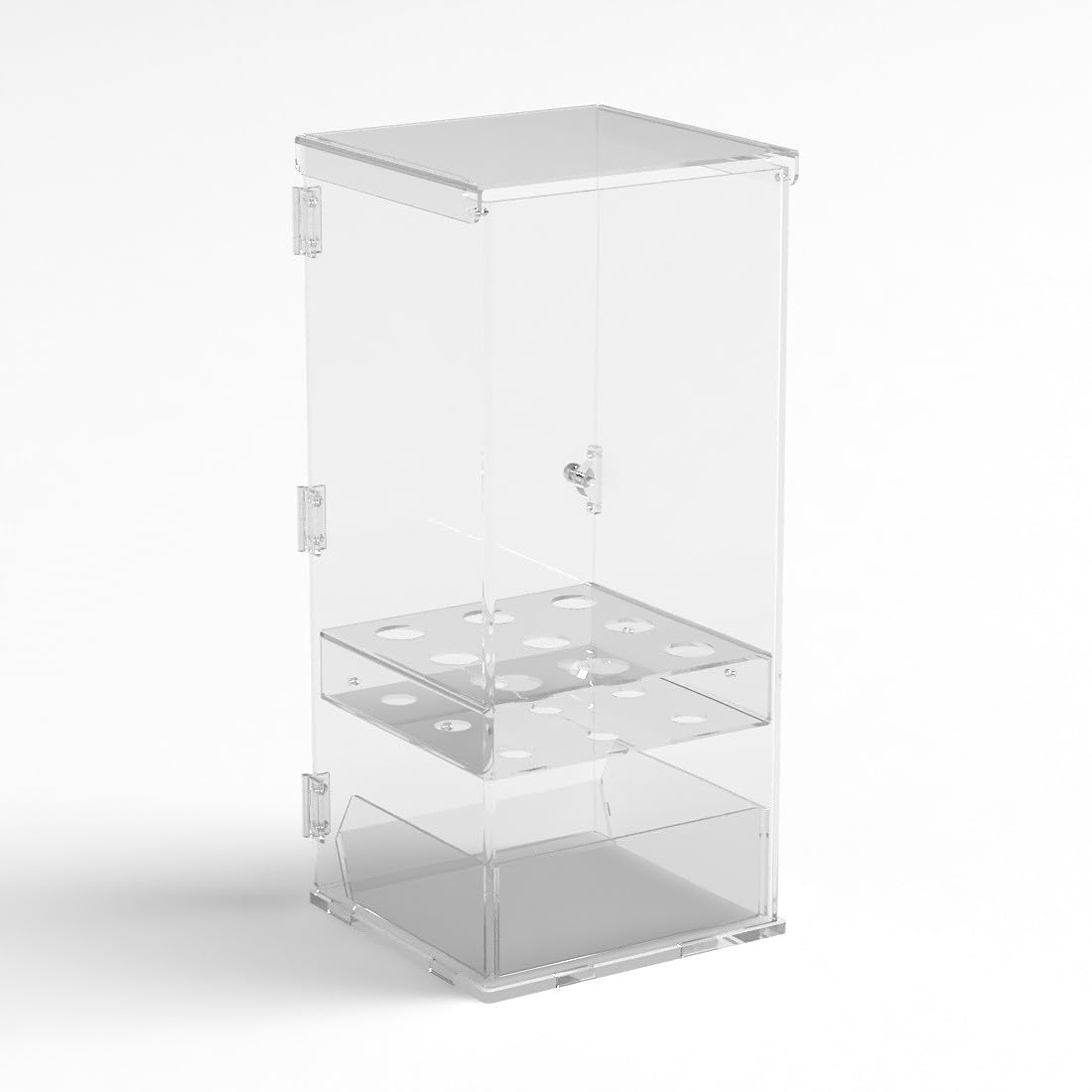 Porta coni gelato in plexiglass trasparente a 9 fori con vaschetta porta cucchiaini e con sportello - Misure: 24 x 23 x H55 cm