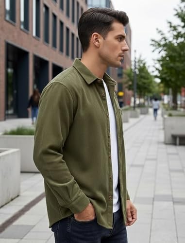 Image of IndoPrimo Men's Corduroy Shirt | Premium Ribbed Full Sleeve Casual Overshirt | Button-Down Solid Shirt with Chest Pocket | Regular Fit
