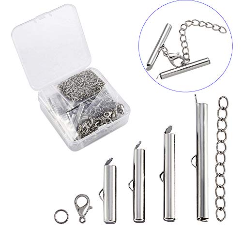 Pandahall 80pcs 4Sizes Iron Slide On End Clasp Tubes Slider with Extender Chains 304 Stainless Steel Jump Rings & Alloy Lobster Claw Clasps 20mm/25mm/30mm/40mm for Jewelry Making