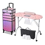 BYOOTIQUE Portable Manicure Table for Nail Tech Station Cosmetology Case on Wheels Rolling Makeup 4in1 Travel Trolley Organizer,Mermaid Pink