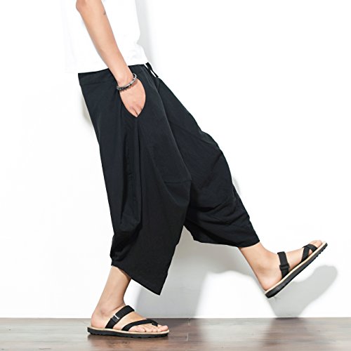 Invachi Mens Casual Elastic Waist Linen Capri Wide Leg Baggy Harem Pants Trousers (Black, Medium) #TOP4