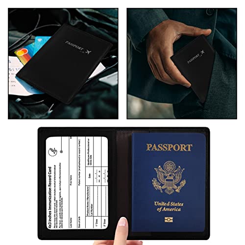 Genuine Leather Passport Holder Cover -Passport And Vaccine Card Holder Combo Slot Rfid Blocking Leather Passport Wallet Case For Men And Women (Black) #TOP4