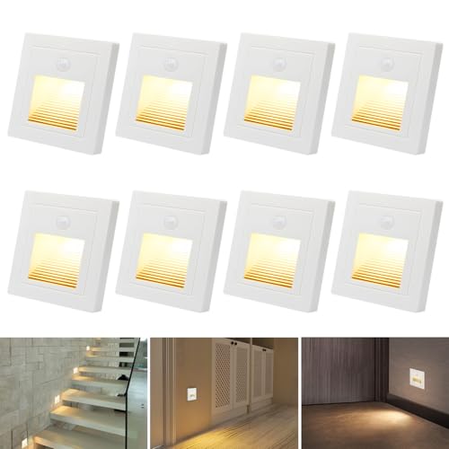 LED Treppenlicht mit bewegungsmelder 8 stück Wandeinbaustrahler Warmweiß 3000K Wandeinbauleuchte 1,5W 230V Einbaustrahler Treppenleuchte für 60mm Standardgröße, 86mm Eckig Unterputzdose für Innen