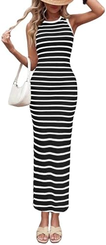 PRETTYGARDEN Sundresses for Women 2026 Summer Striped Knit Side S...