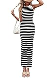 PRETTYGARDEN Sundresses for Women 2026 Summer Striped Knit Side Slit Spring Fashion Bodycon Maxi Dress Beach Vacation Clothes (Black,Medium)