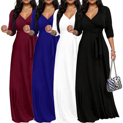 Image of Women's Church Maxi Wrap V Neck 3 /4 Sleeve Tie Waist Plus Size Long Dress | Flattering wrap V-neck design enhances curves. High elastic tie waist accentuates the slimmest part, hides tummy.
