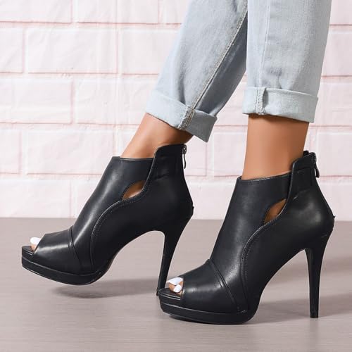 Image of Open Toe Booties for Women Black High Stiletto Heels Open Toe Sexy Ankle Boot Fashion Heeled Sandals with Back Zipper, US Size 5-11