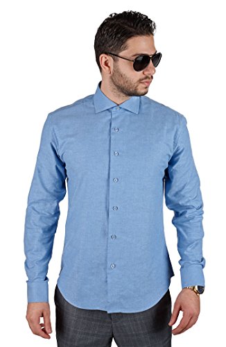 Azar Man New Men's Slim Fit Men's Solid Color Dress Shirts Spread Collar (Large 16, Light Blue) #TOP2