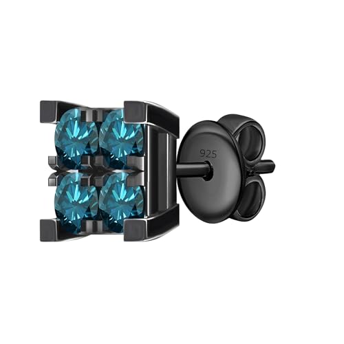 Dazzlingrock Collection 0.28 Carat Round Blue Diamond 6mm Square Shaped Hip Hop Iced Out Stud Earring (1Pc Only) in Black Plated Sterling Silver, Unisex Design Ladies, Mens Real Diamond Earrings