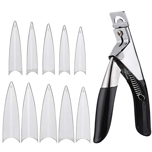 1000Pcs Stiletto Nail Tips Clear Long Fakes Nails Half Cover False Nail Tips and Black Acrylic Nail Clippers Professional Nail Tips Cutter