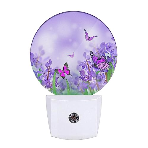 Image of Flower Butterflies Night Light Purple Spring Crocuses Flowers Garden Butterfly LED Dusk to Dawn Plug-in Nightlight Auto Sensor for Bedroom Bathroom Hallway Living Room