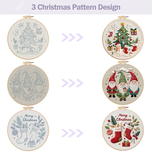 Image of Offizon Christmas Embroidery Kit for Beginners, 3 PCS Starter Cross Stitches, Winter Santa Handicrafts, Merry Chistmas