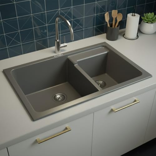 Image of EVANEX Quartz Kitchen Sink | 31x18x9 Inch Double Bowl Sink for Kitchen | Granite Topmount /Undermount Kitchen Sinks | Grey Double Sink with Connector, Waste Pipe, Coupling and Drain Basket