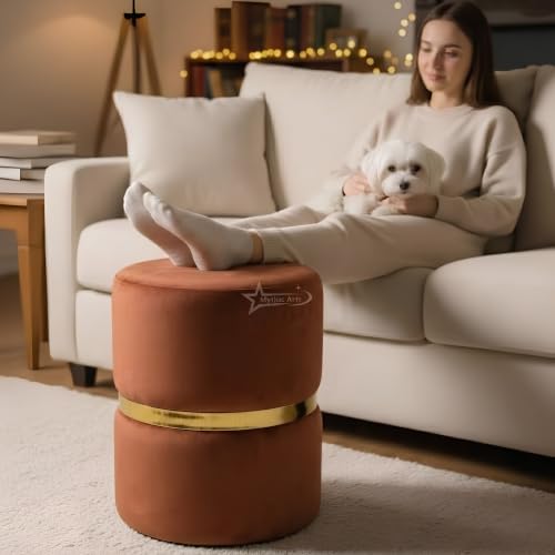 Image of Round Single Strip Upholstered Stool Living Room Foot Rest Linen Fabric Padded Seat Pouf Ottoman Office Stool (Coffee)