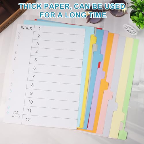 JRJRN 5er Register für Ordner A4, Ordner Trennblätter Bunt, 12 Teilig Ordnerregister, 11 Löcher Ordner-Register für Schule, Zuhause, Arbeit, Büro, Organisation
