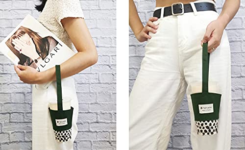 Image of Portable Coffee & Boba Cup Holder Strap (2 Pcs Set) (Dark Green) | Tainada Eco Friendly Foldable Hot & Cold Drink Carrier for Take Out; Ideal for Walking & Shopping; 1 Coaster Included