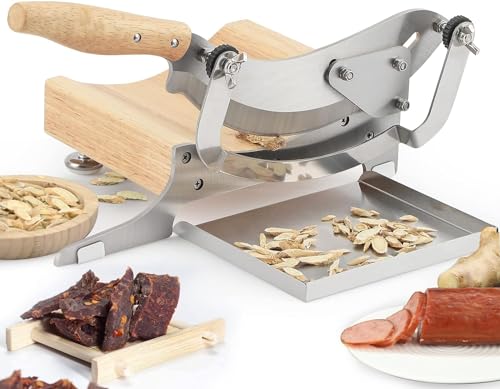 Moongiantgo Biltong Slicer Manual Chinese Medicine Slicer Radiused Beef Jerky Cutter,0-0.5 Adjustable Thickness with Wooden Base Herb Root Cutting Machine for Ginseng Antler Gastrodiae Maca (KD0281)