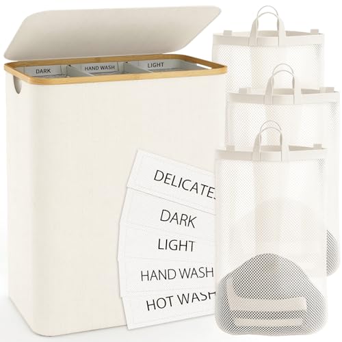 Hampers for Laundry Basket with Lid, 160L Extra Large Laundry Hamper 3 Section Dirty Clothes Hampers for Laundry Divided Laundry Basket Organizer for Bedroom,Laundry Room, Dirty Clothing Hamper, Beige