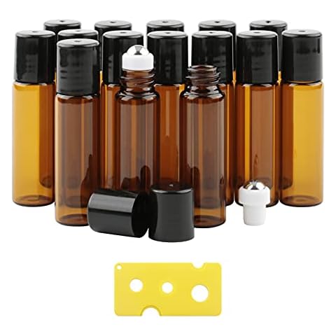 Pxyelec 15Pack 5ml Amber Glass Essential Oil Roller Bottles with Stainless Steel for Aromatherapy, Perfume Oils, with 1 Bottle Opener Cover