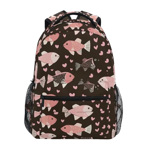 Love Fish Brown Backpack for School Boys Girls Adults Kids Bookbag Laptop Bag 18L
