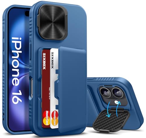 Image of for iPhone 16 Case with Card Holder, Built-in Stand & Camera Lens Cover, Shockproof Rugged Silicone Raised Edge Protective Multifunctional Wallet Phone Case Cover for iPhone 16 6.1 inch 2024, Blue