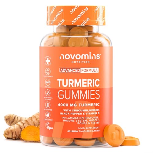 Cúrcuma con Jengibre y Pimienta Negra - 4000mg Curcuma - 60 Gominolas - Ultraconcentrada (95% Curcumina) - Vegano y Sin Gluten - Cúrcuma con Pimienta Negra para el Soporte de Articulaciones - Novomins