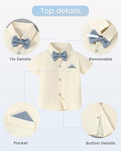 Toddler Boys Semi Formal Outfit 3pcs Sets Short Dress Shirt Suspender Pants Bow Tie for 1-5 Years2